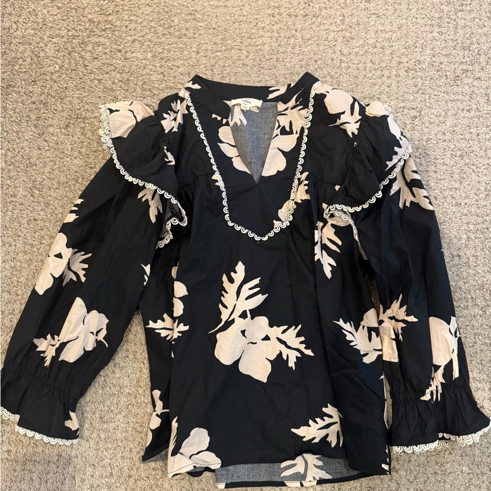 Entro Black Floral Blouse with Ruffle Accents